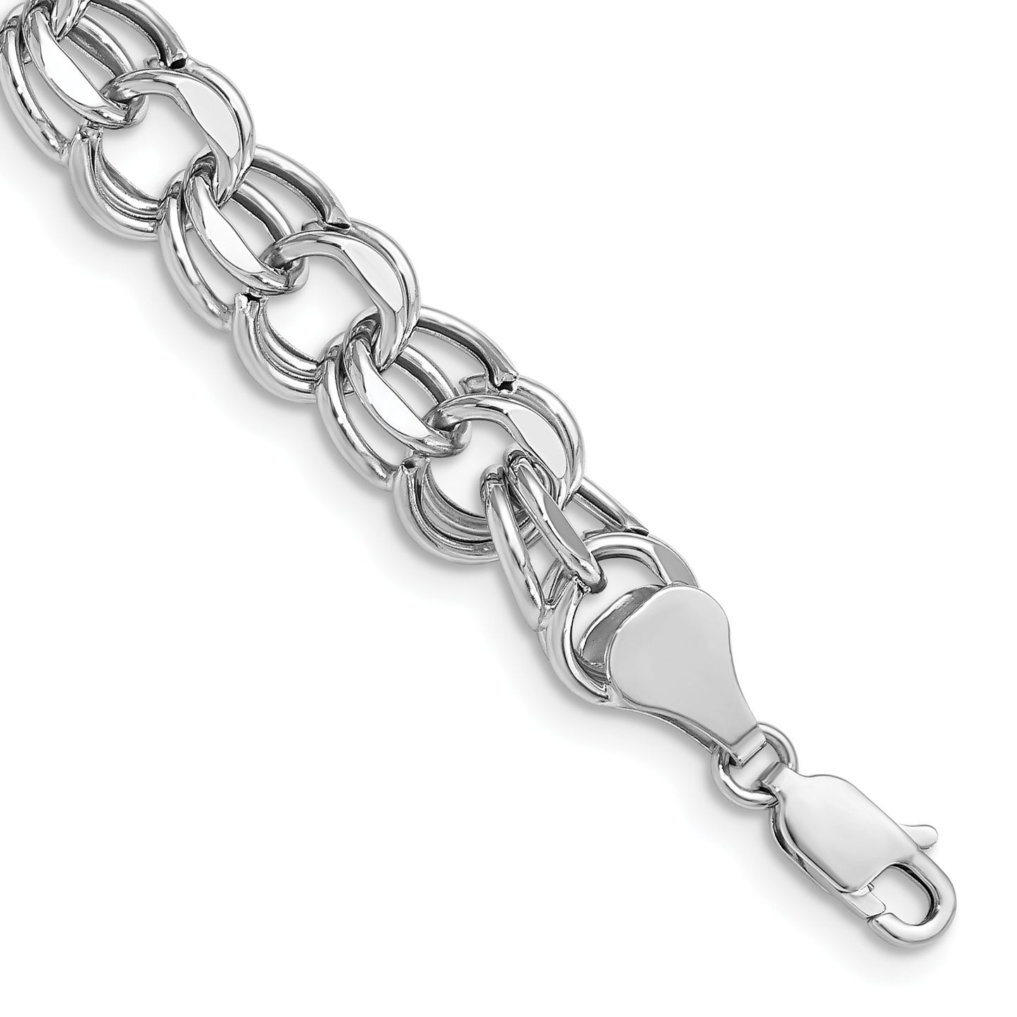 14k White Gold 9.5mm Hollow Double Link 7.25 inch Charm Bracelet