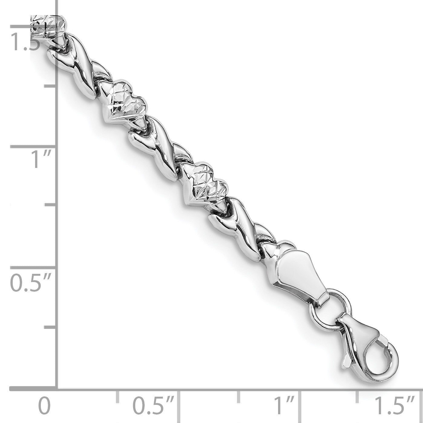 14k White Gold Polished Diamond-cut X-and-Heart 7 inch Bracelet