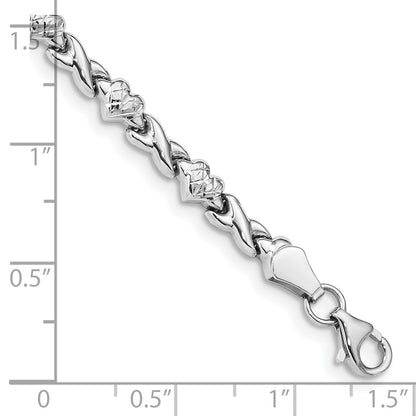 14k White Gold Polished Diamond-cut X-and-Heart 8 inch Bracelet