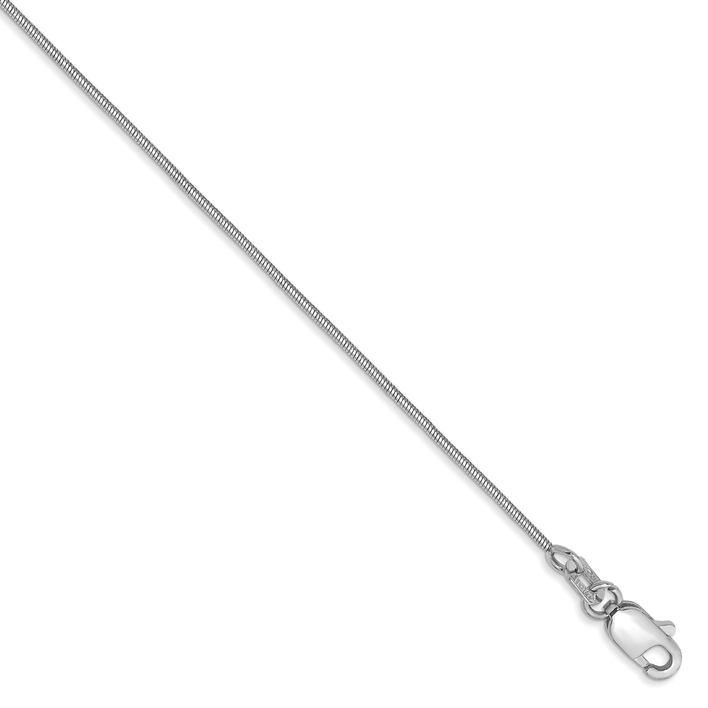 14K White Gold 9 inch .8mm Round Snake with Lobster Clasp Anklet