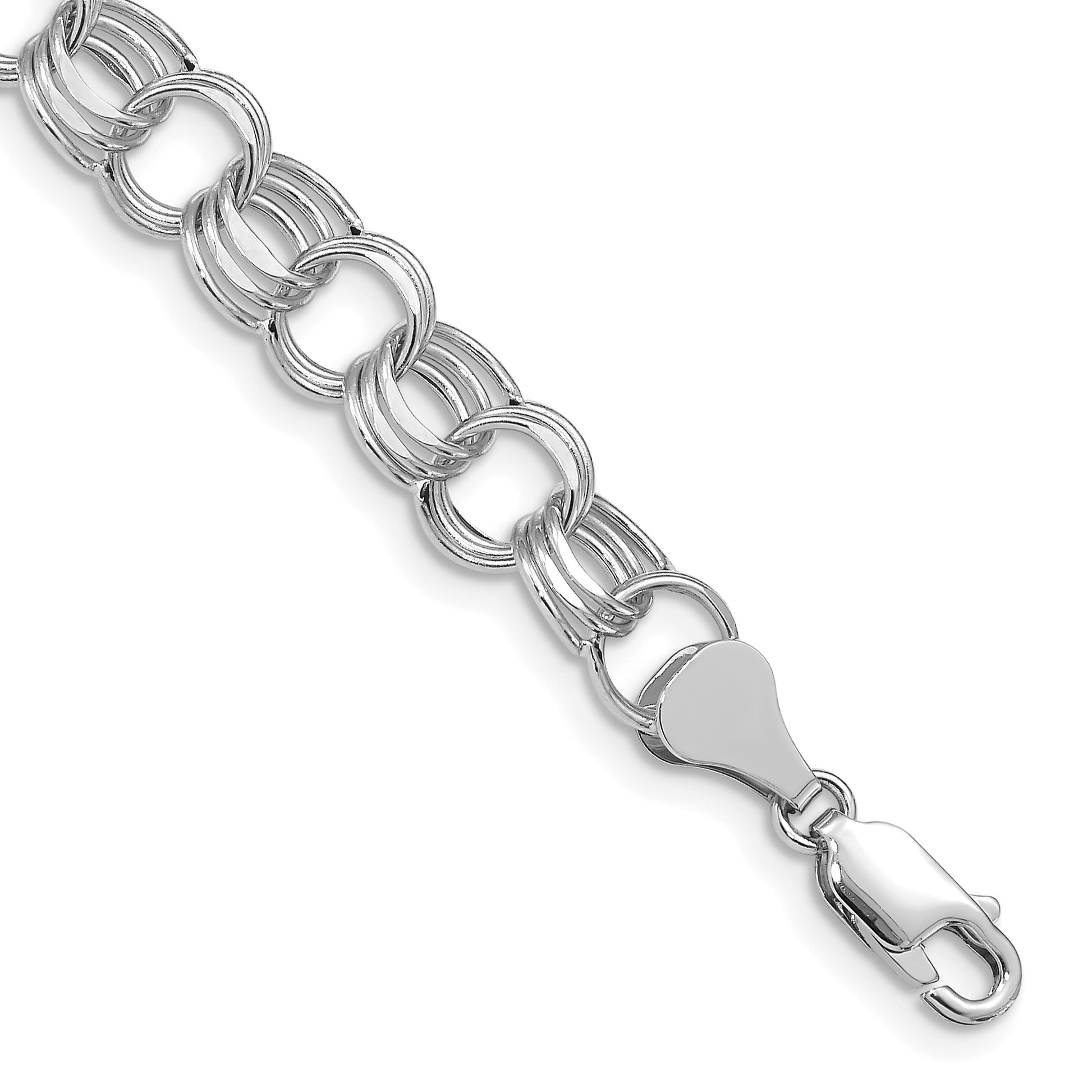 14k White Gold 8.5mm Hollow Triple Link 8.25 inch Charm Bracelet