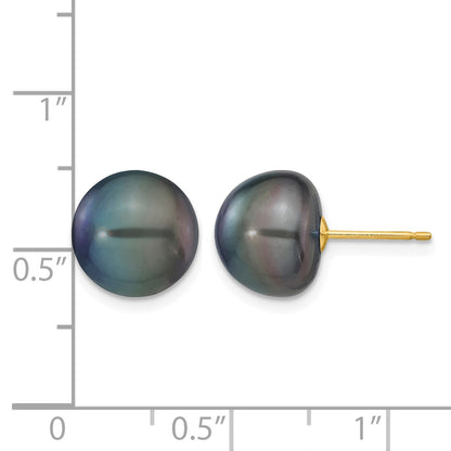 14k 10-11mm Black Button Freshwater Cultured Pearl Stud Post Earrings