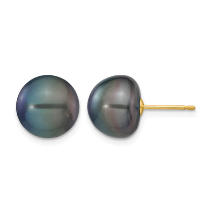 14k 10-11mm Black Button Freshwater Cultured Pearl Stud Post Earrings