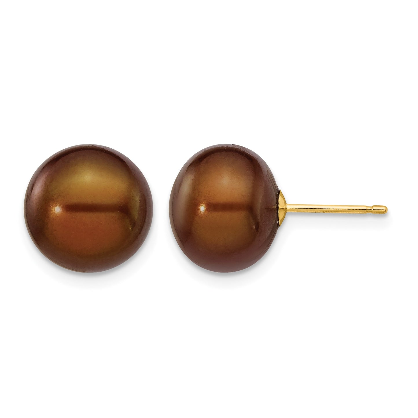 14k 10-11mm Brown Button Freshwater Cultured Pearl Stud Post Earrings