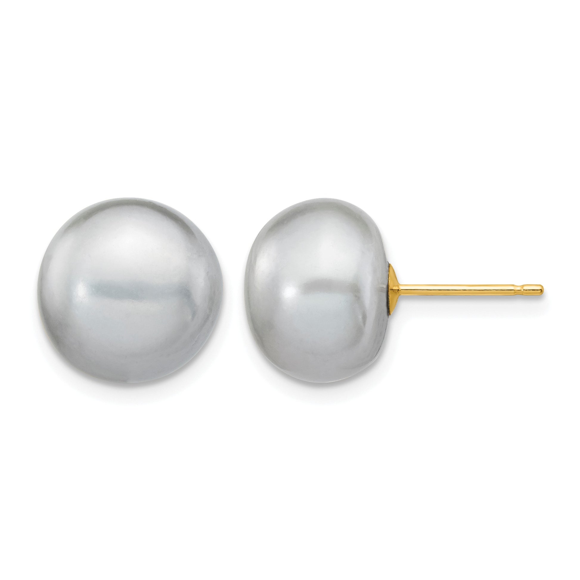 14k 10-11mm Grey Button Freshwater Cultured Pearl Stud Post Earrings