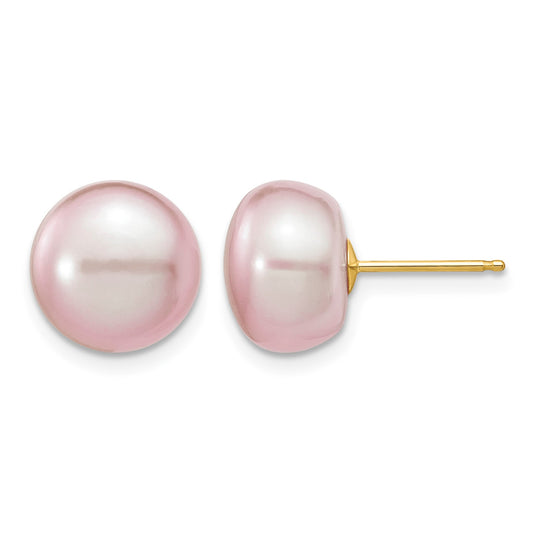 14k 10-11mm Purple Button Freshwater Cultured Pearl Stud Post Earrings