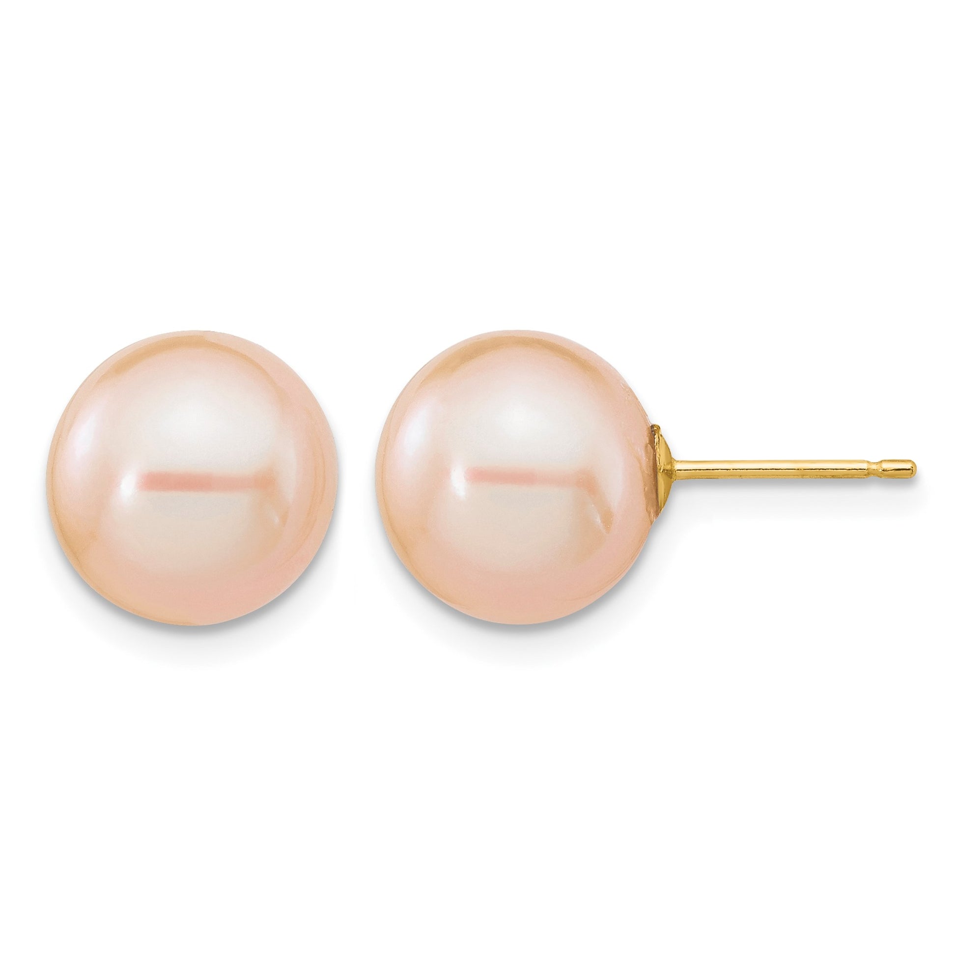 14k 10-11mm Pink Round Freshwater Cultured Pearl Post Earrings
