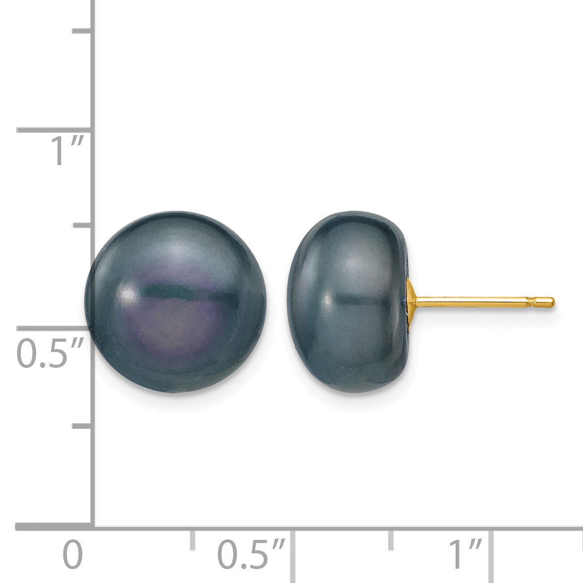 14k 11-12mm Black Button Freshwater Cultured Pearl Stud Post Earrings