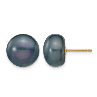 14k 11-12mm Black Button Freshwater Cultured Pearl Stud Post Earrings