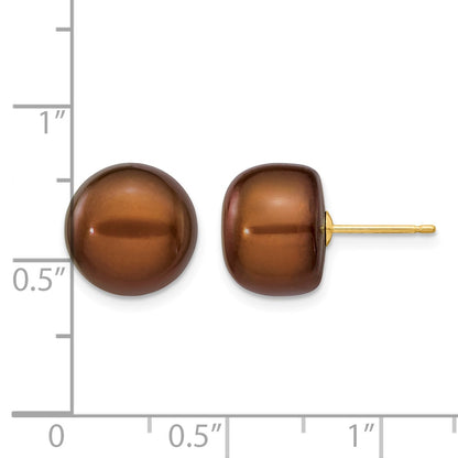 14k 11-12mm Brown Button Freshwater Cultured Pearl Stud Post Earrings