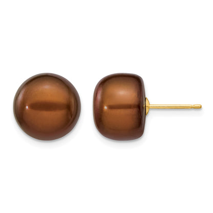 14k 11-12mm Brown Button Freshwater Cultured Pearl Stud Post Earrings