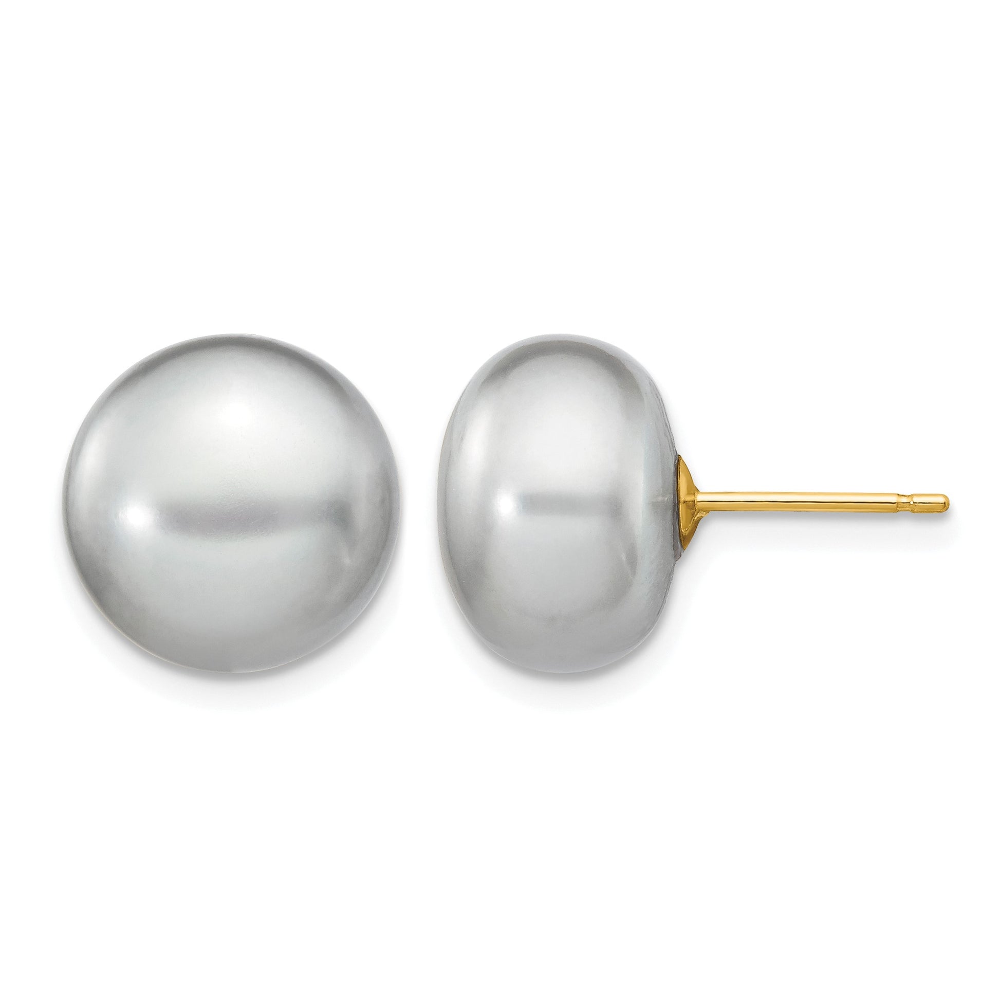 14k 11-12mm Grey Button Freshwater Cultured Pearl Stud Post Earrings
