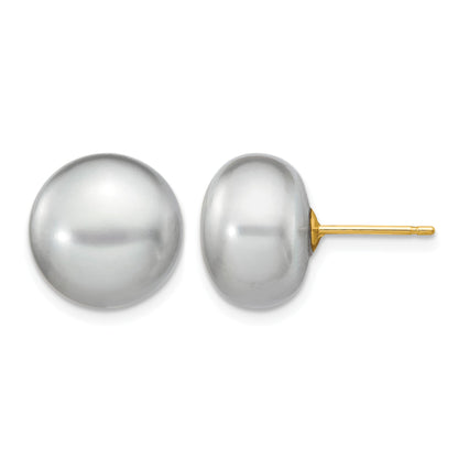 14k 11-12mm Grey Button Freshwater Cultured Pearl Stud Post Earrings