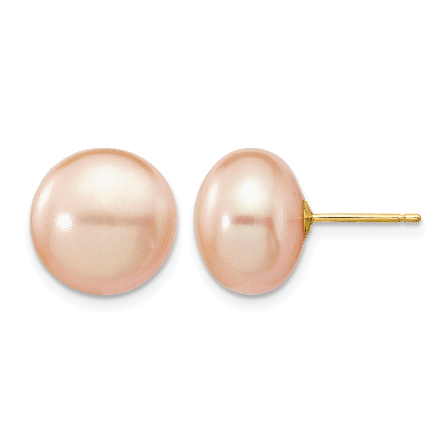 14k 11-12mm Pink Button Freshwater Cultured Pearl Stud Post Earrings