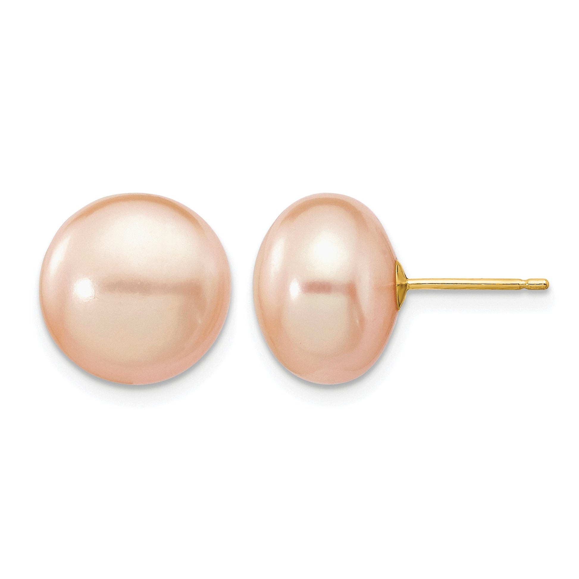14k 11-12mm Pink Button Freshwater Cultured Pearl Stud Post Earrings