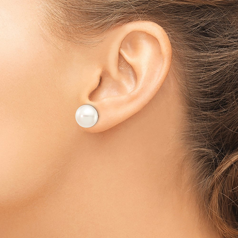 14k 11-12mm White Button Freshwater Cultured Pearl Stud Post Earrings