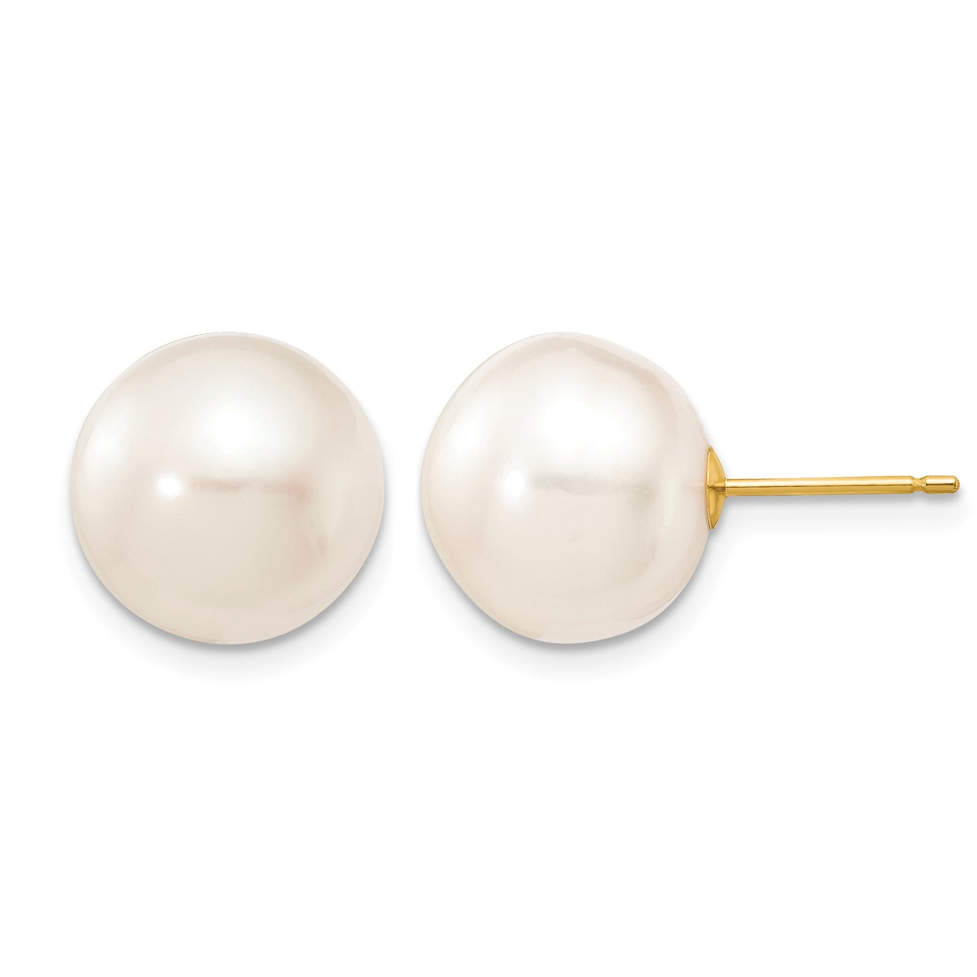 14k 11-12mm White Button Freshwater Cultured Pearl Stud Post Earrings
