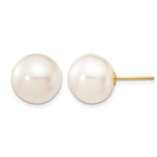 14k 11-12mm White Button Freshwater Cultured Pearl Stud Post Earrings