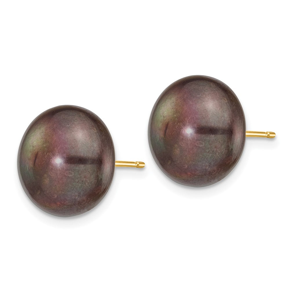 14k 12-13mm Black Button Freshwater Cultured Pearl Stud Post Earrings