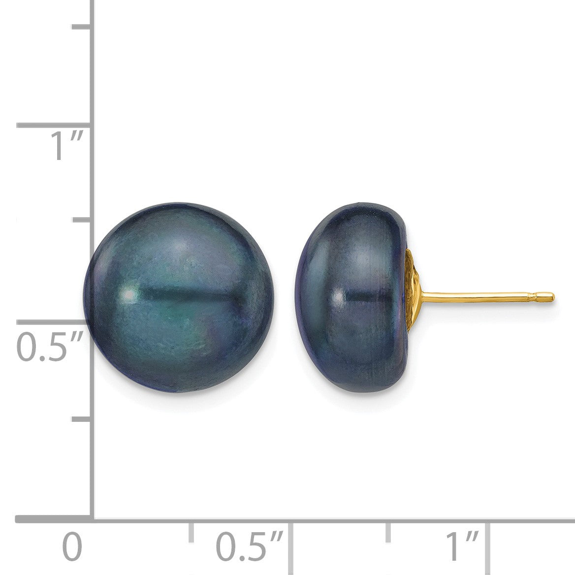 14k 12-13mm Black Button Freshwater Cultured Pearl Stud Post Earrings