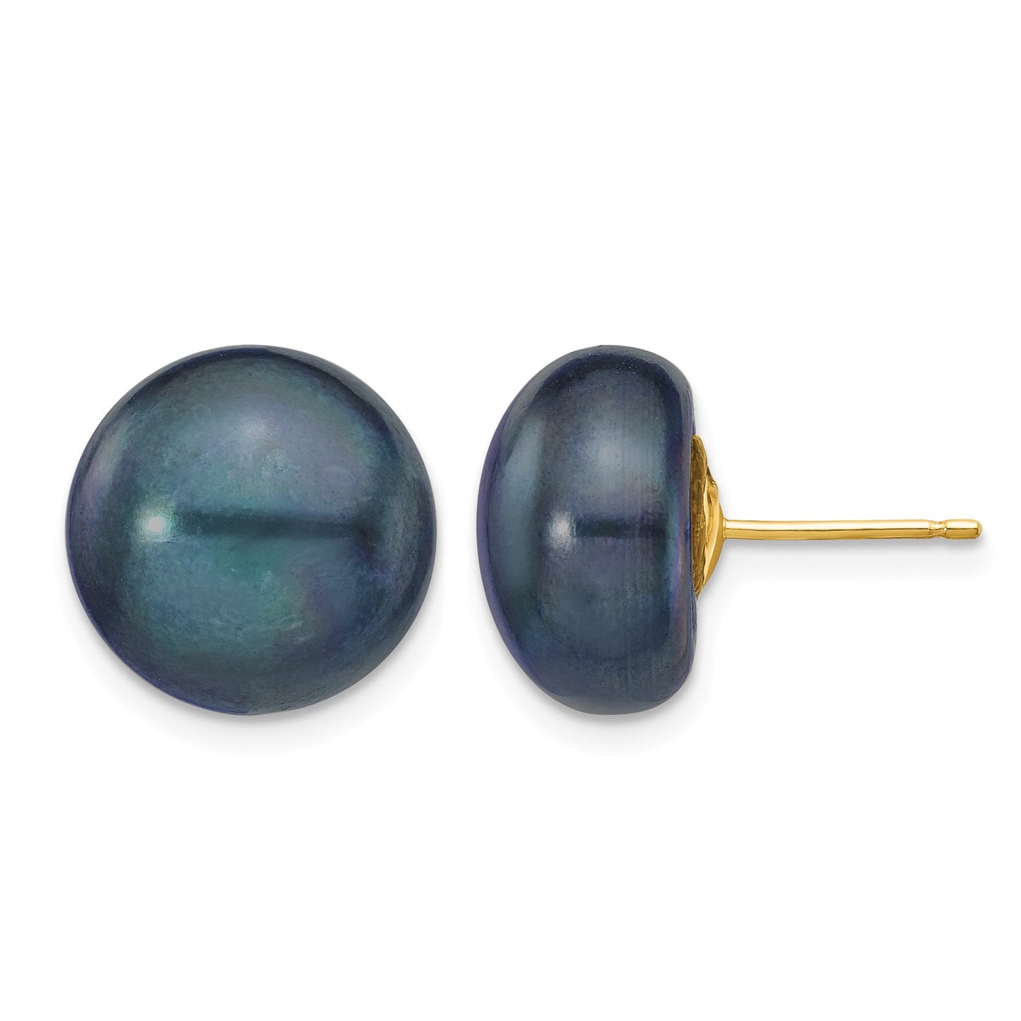 14k 12-13mm Black Button Freshwater Cultured Pearl Stud Post Earrings