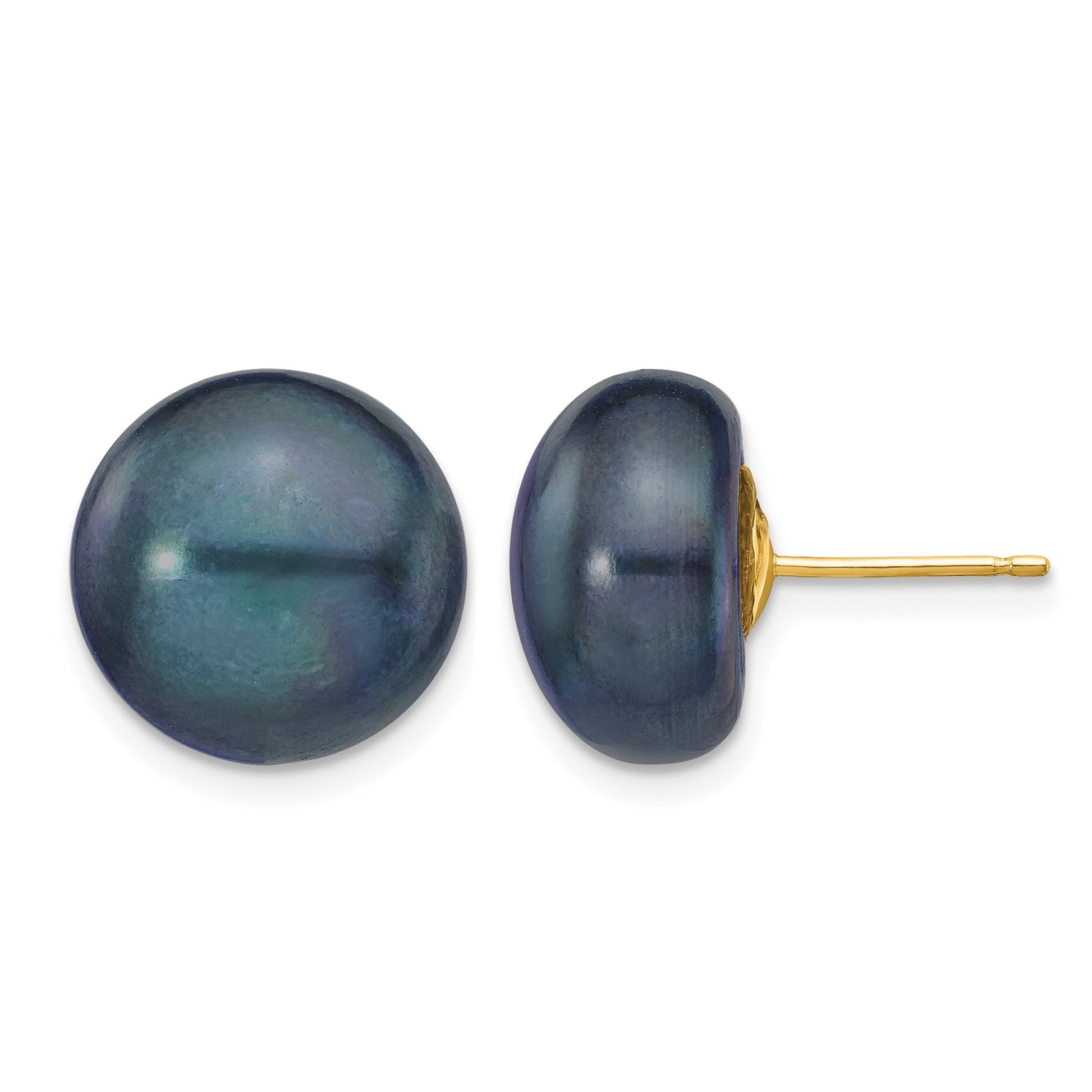 14k 12-13mm Black Button Freshwater Cultured Pearl Stud Post Earrings