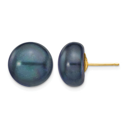 14k 12-13mm Black Button Freshwater Cultured Pearl Stud Post Earrings