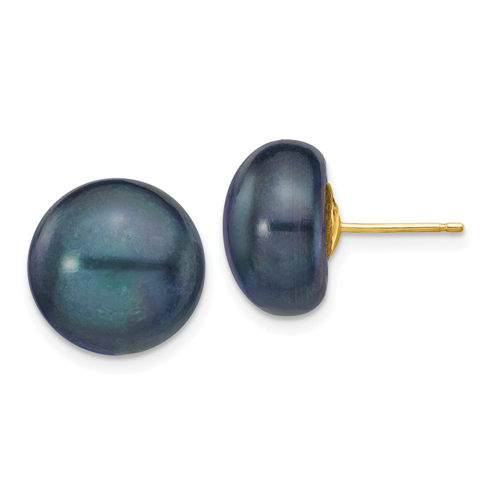 14k 12-13mm Black Button Freshwater Cultured Pearl Stud Post Earrings