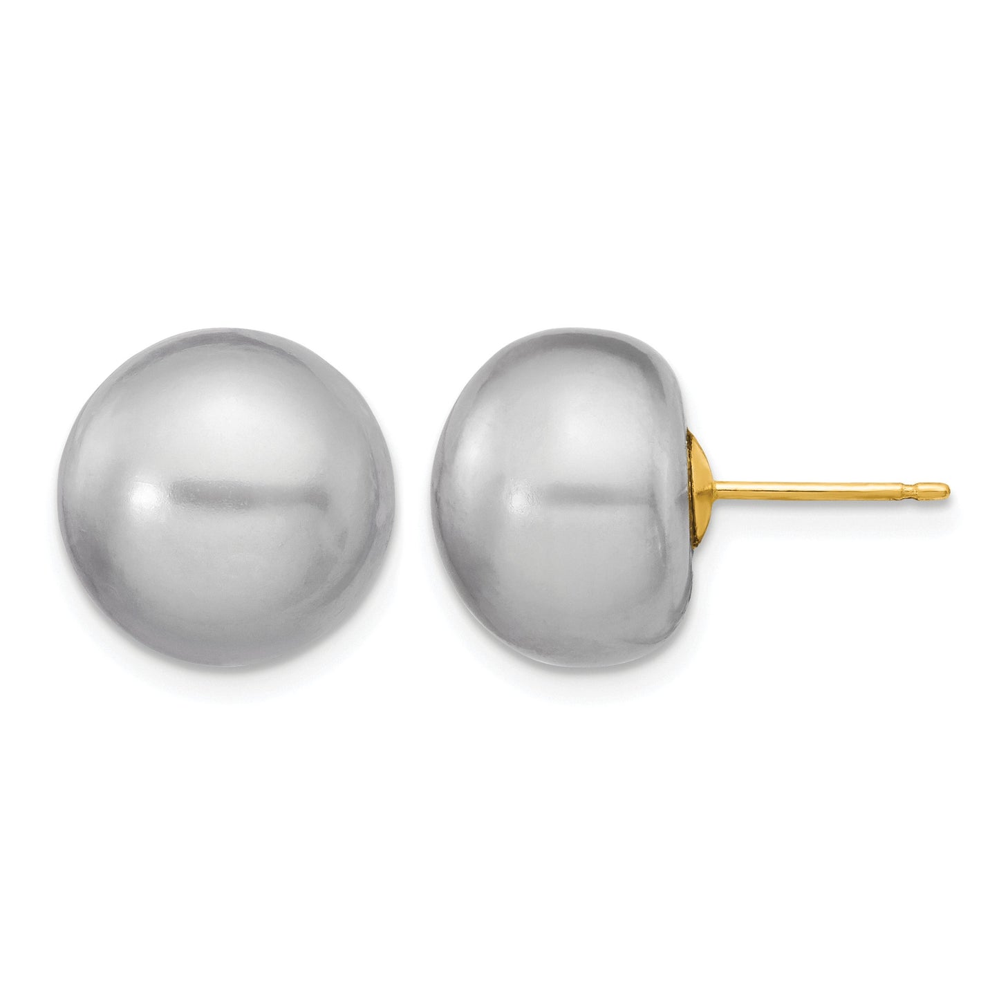14k 12-13mm Grey Button Freshwater Cultured Pearl Stud Post Earrings