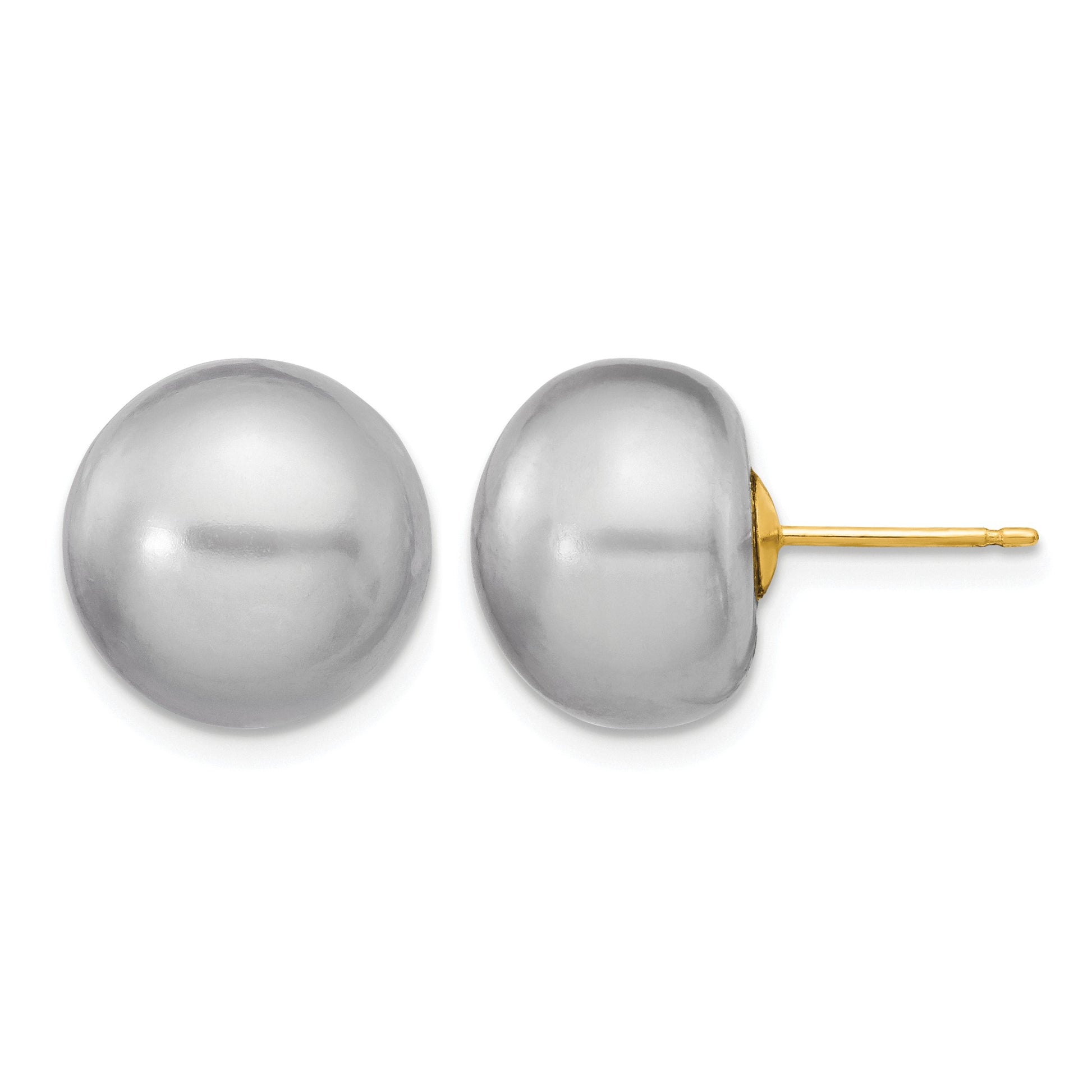 14k 12-13mm Grey Button Freshwater Cultured Pearl Stud Post Earrings