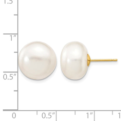 14k 12-13mm White Button Freshwater Cultured Pearl Stud Post Earrings