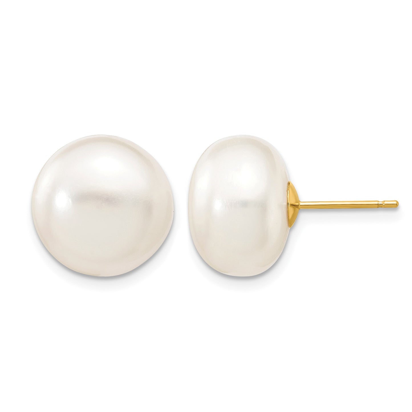 14k 12-13mm White Button Freshwater Cultured Pearl Stud Post Earrings