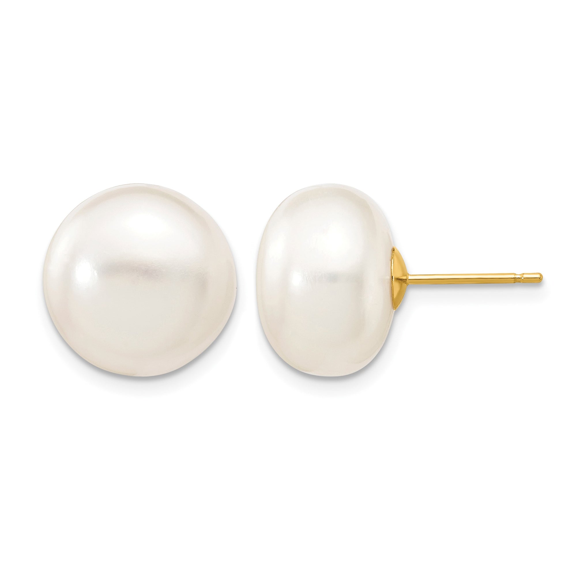 14k 12-13mm White Button Freshwater Cultured Pearl Stud Post Earrings