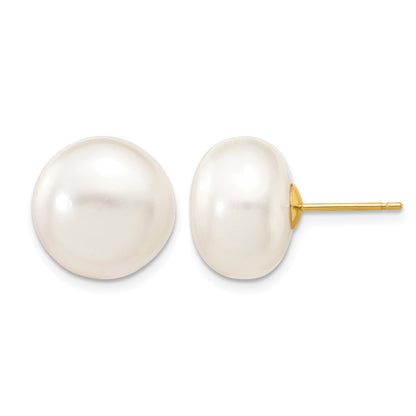 14k 12-13mm White Button Freshwater Cultured Pearl Stud Post Earrings
