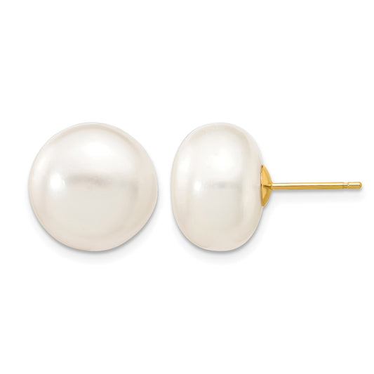 14k 12-13mm White Button Freshwater Cultured Pearl Stud Post Earrings