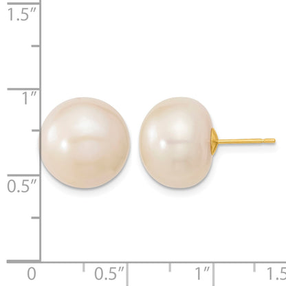 14k 13-14mm White Button Freshwater Cultured Pearl Stud Post Earrings