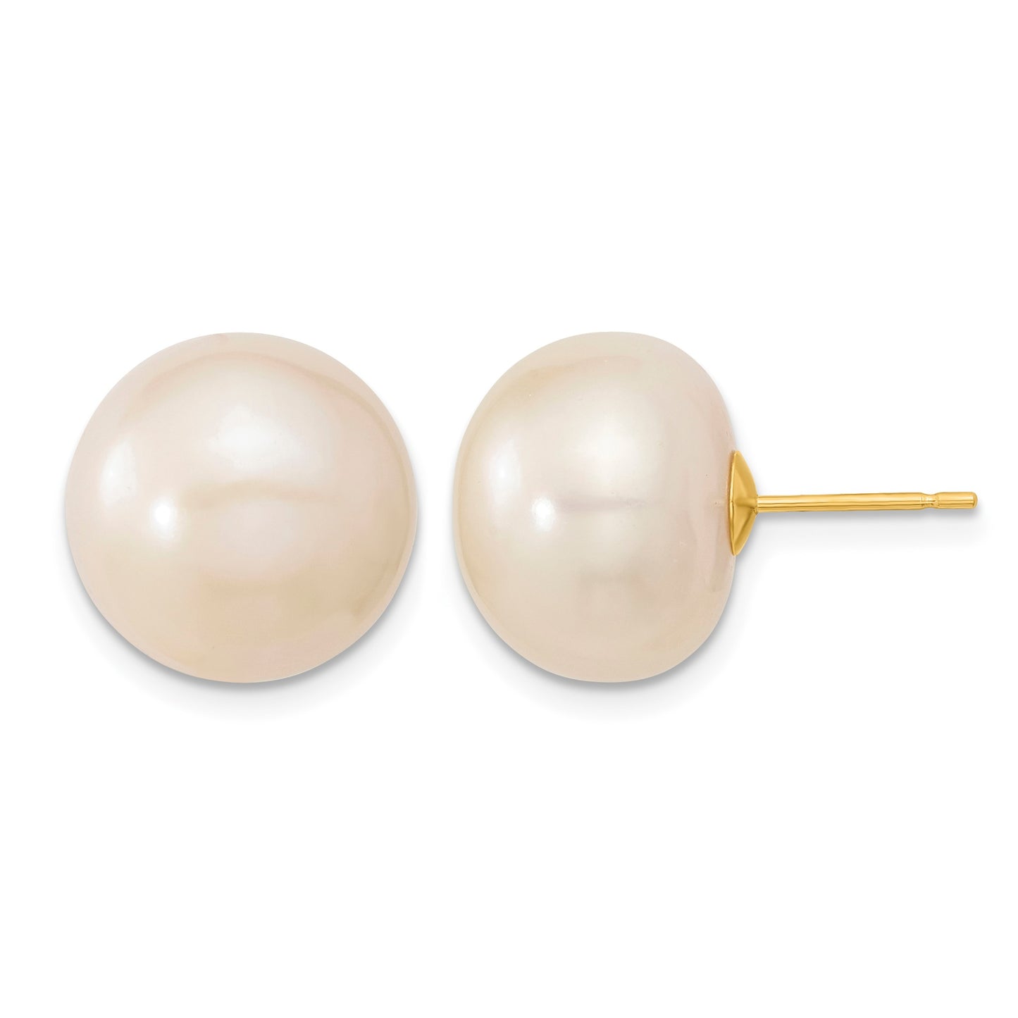 14k 13-14mm White Button Freshwater Cultured Pearl Stud Post Earrings