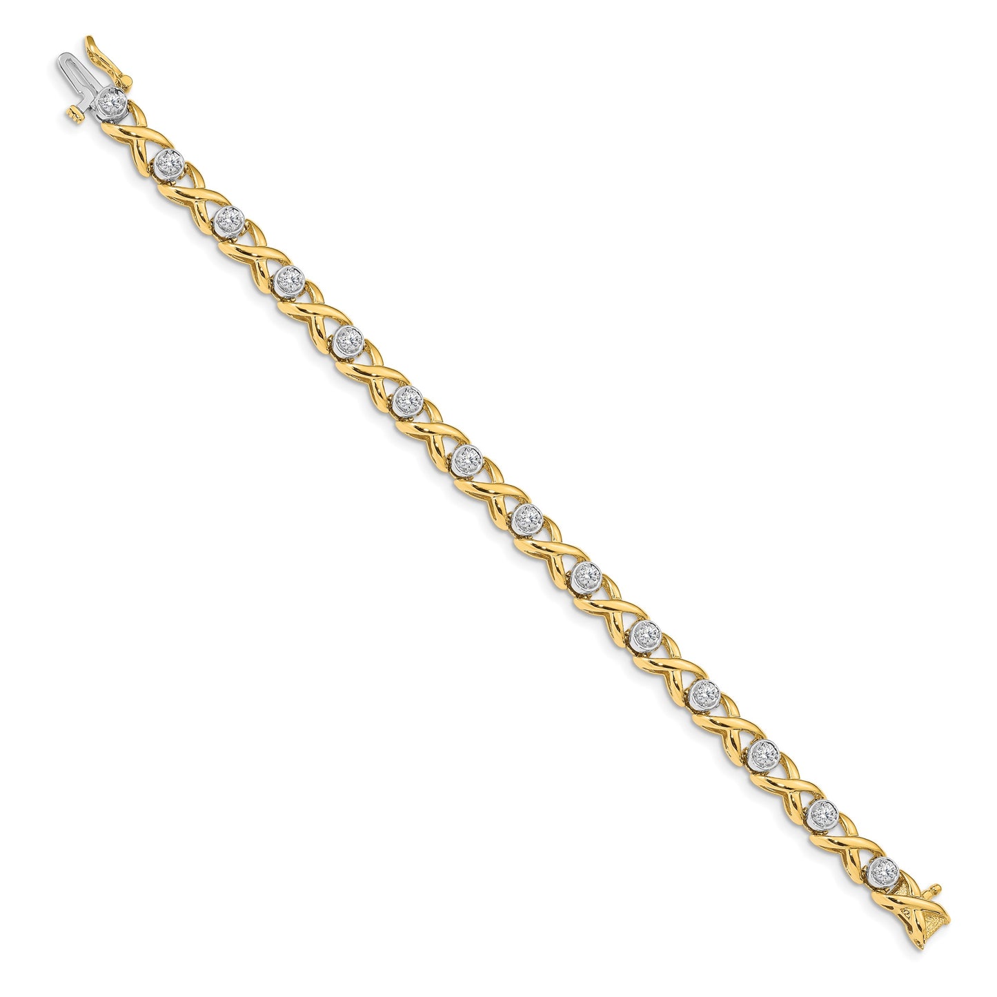 14k Two-tone Holds 1 carat 14-2.6mm Round Diamond 4-prong X-design 7 inch Tennis Bracelet Mounting
