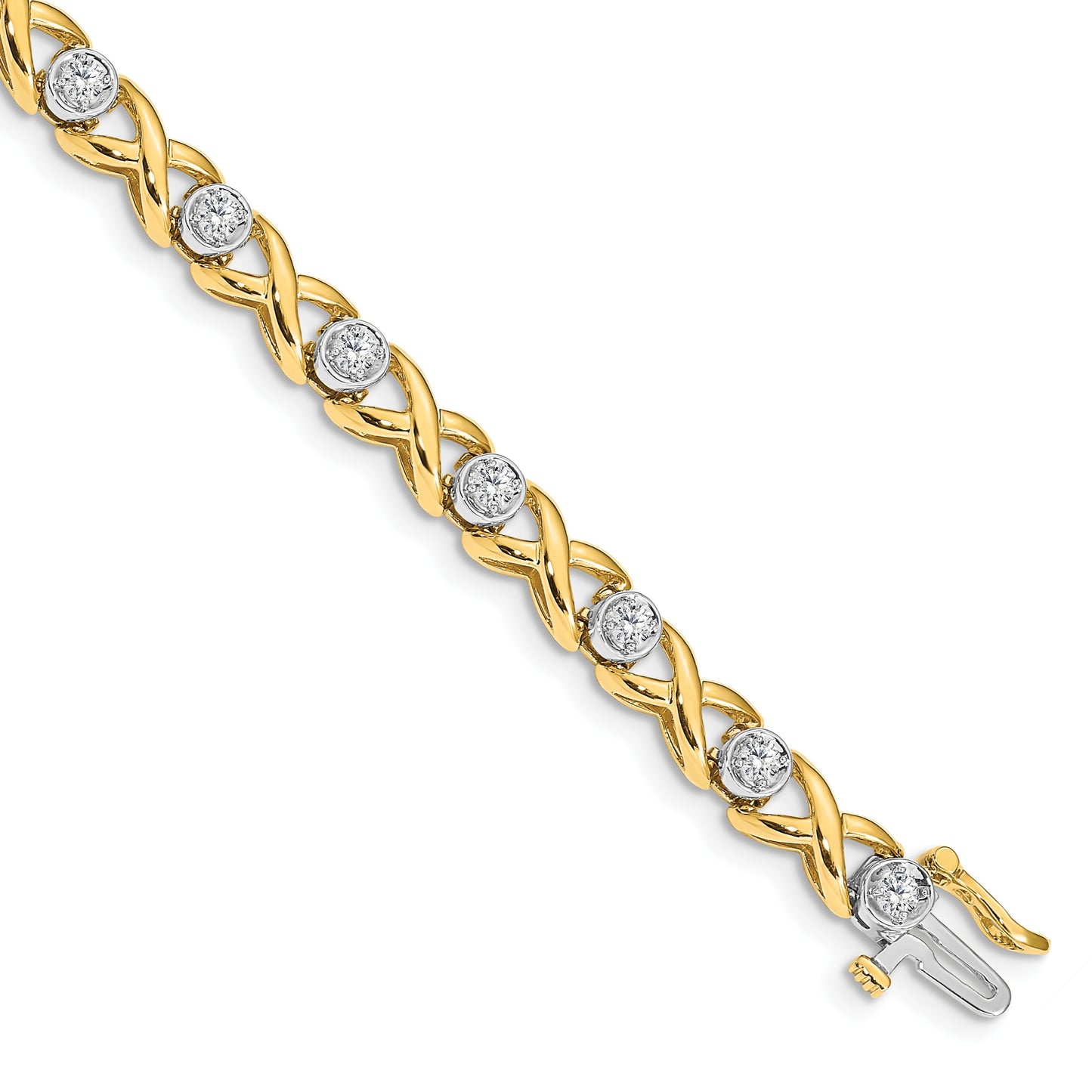 14k Two-tone Holds 1 carat 14-2.6mm Round Diamond 4-prong X-design 7 inch Tennis Bracelet Mounting