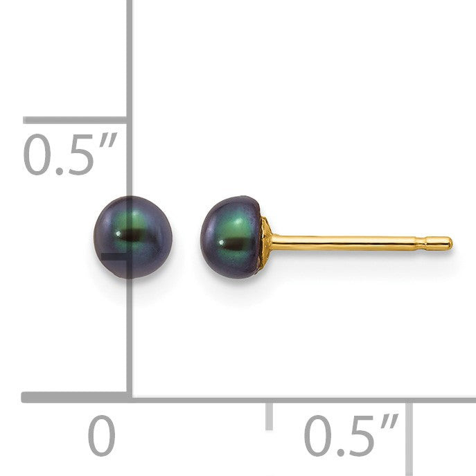 14k 3-4mm Black Button Freshwater Cultured Pearl Stud Post Earrings