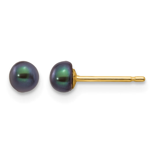 14k 3-4mm Black Button Freshwater Cultured Pearl Stud Post Earrings