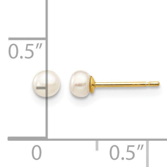 14k 3-4mm White Button Freshwater Cultured Pearl Stud Post Earrings