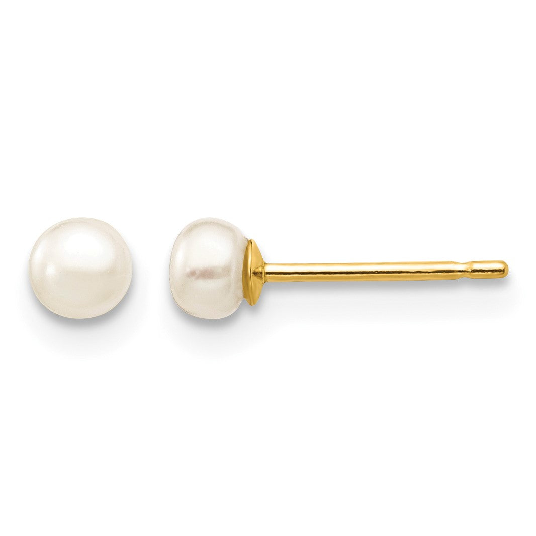 14k 3-4mm White Button Freshwater Cultured Pearl Stud Post Earrings