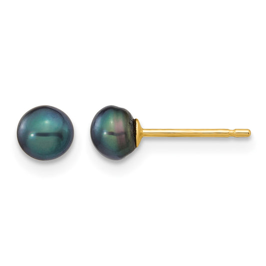 14k 4-5mm Black Button Freshwater Cultured Pearl Stud Post Earrings