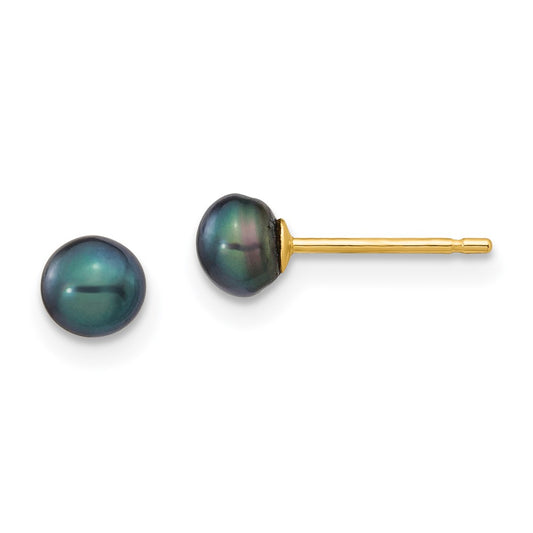 14k 4-5mm Black Button Freshwater Cultured Pearl Stud Post Earrings