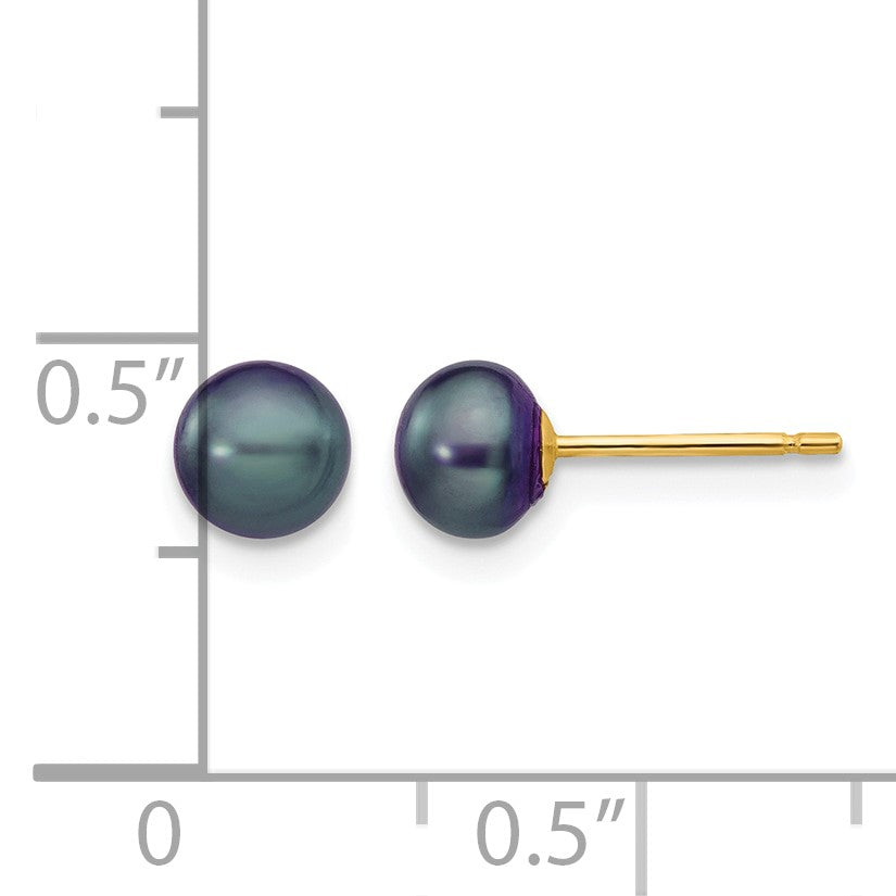 14k 5-6mm Black Button Freshwater Cultured Pearl Stud Post Earrings