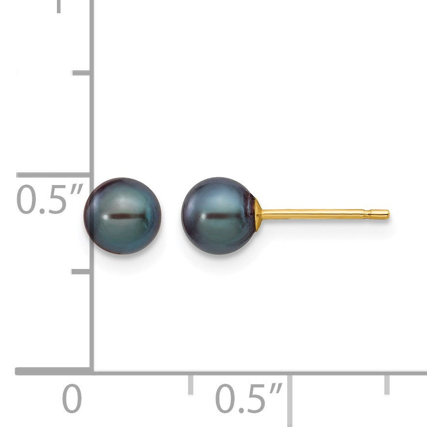 14k 5-6mm Black Round Freshwater Cultured Pearl Stud Post Earrings