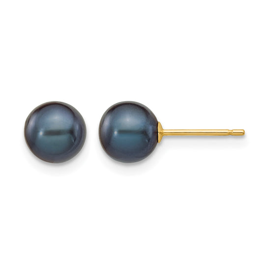 14k 6-7mm Black Round Freshwater Cultured Pearl Stud Post Earrings