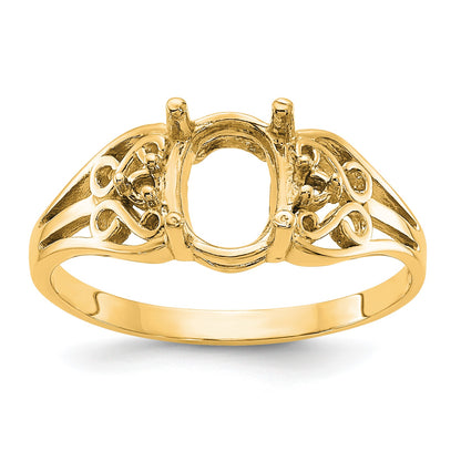 14k Polished Holds 2-1.6mm Round and 1-9x7 Oval Gemstone Filigree Ring Mounting