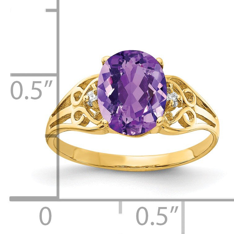 14k 9x7mm Oval Amethyst and 1/20 carat AA Diamond Filigree Ring